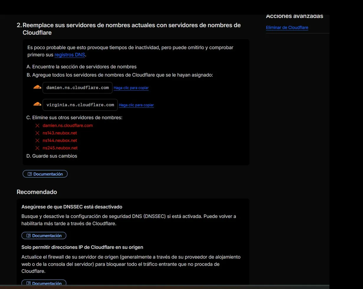 Cloudflare — Instrucciones de nameservers